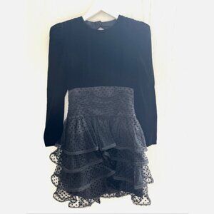 CAROLINA HERRERA Vtg Black Velvet & Polka Dot Tiered Ruffled Fit & Flare Dress 6